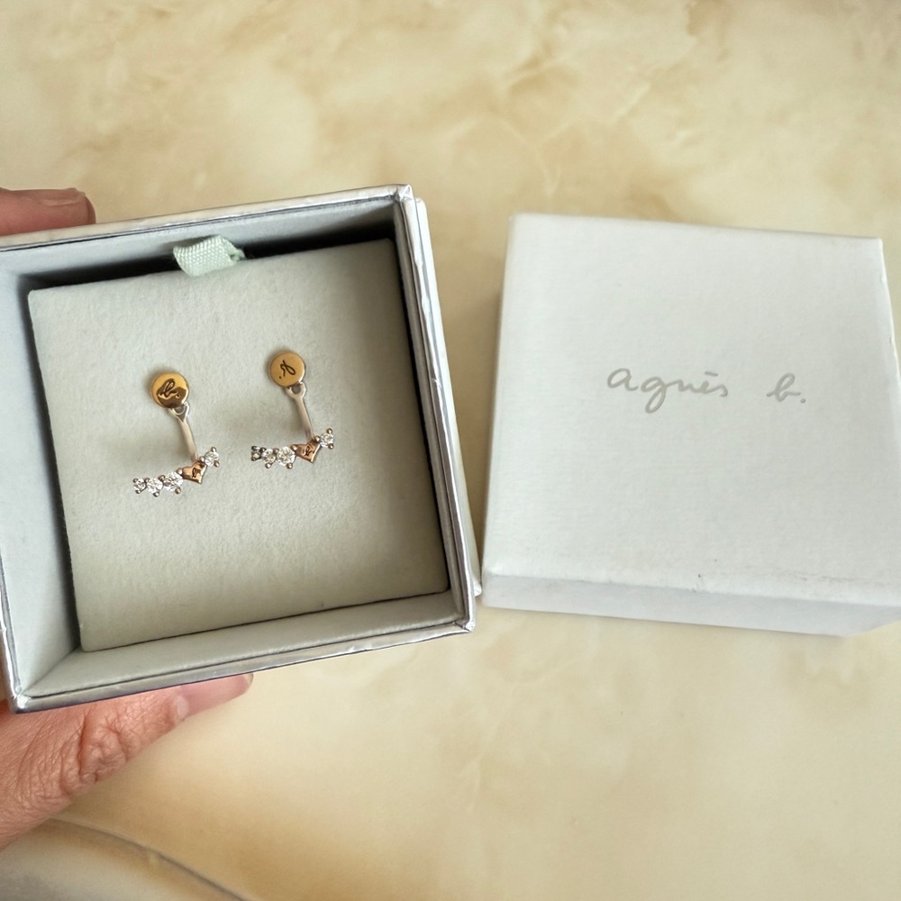 agnès b. Crystal Drop Two-Way Stud Earrings – Gold & Silver Tone, Elegant Boxed